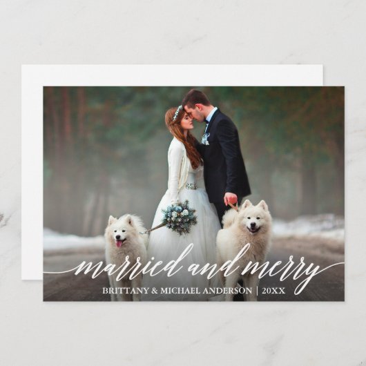 Elegante kalligrafie getrouwd en vrolijke bruiloft feestdagenkaart (Voorkant / Achterkant)