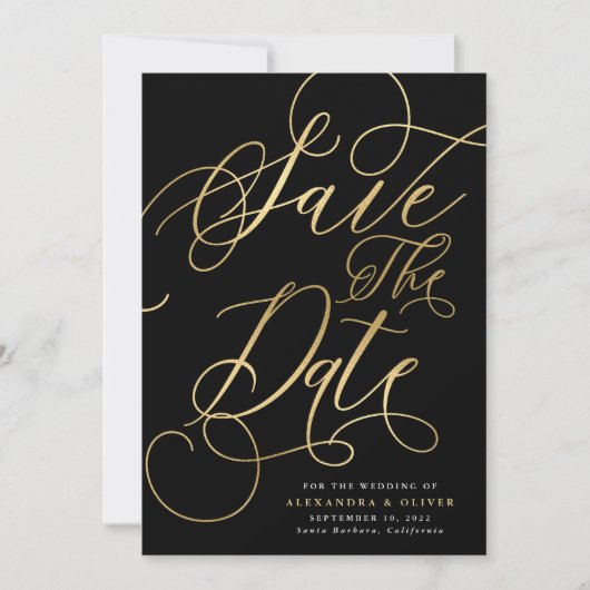 Elegante kalligrafie Gold & Black Wedding Save The Date (Voorkant)