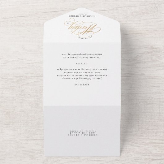 Elegante kalligrafie goud alles in één uitnodiging (Buitenkant)