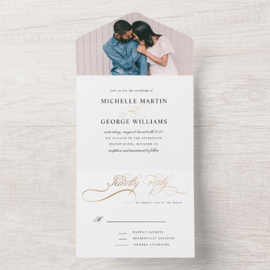 Elegante kalligrafie goud alles in één uitnodiging (Binnen)