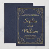 Elegante kalligrafie goud en marine blauw bruiloft kaart (Voorkant / Achterkant)