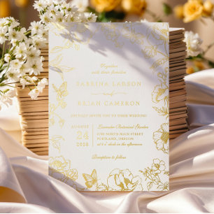 Elegante kalligrafie gouden bloementuin bruiloft folie uitnodiging