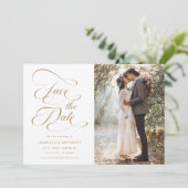 Elegante kalligrafie gouden bruiloft foto save the date (Staand voorkant)