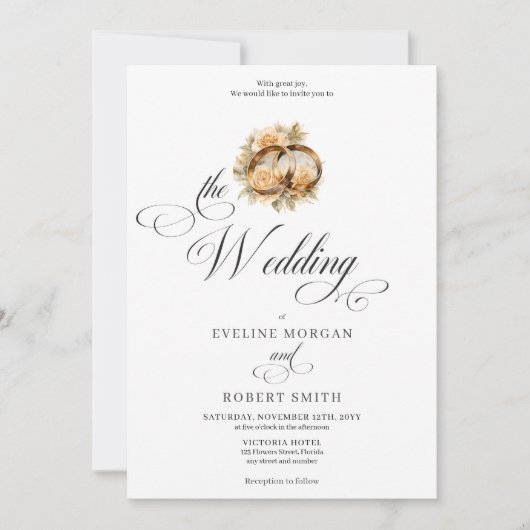 Elegante kalligrafie gouden ringen en rozen bruilo kaart (Voorkant)