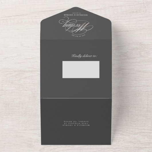 elegante kalligrafie grijs (geen ENV nodig) All In One Uitnodiging (Buitenkant)