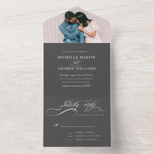 elegante kalligrafie grijs (geen ENV nodig) All In One Uitnodiging (Binnen)