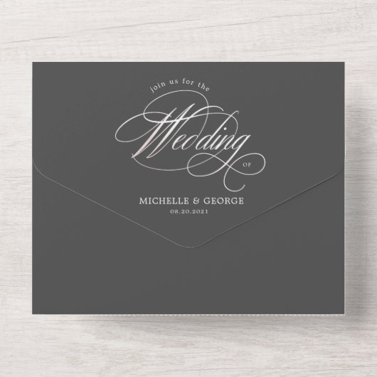 elegante kalligrafie grijs (geen ENV nodig) All In One Uitnodiging (Achterkant)