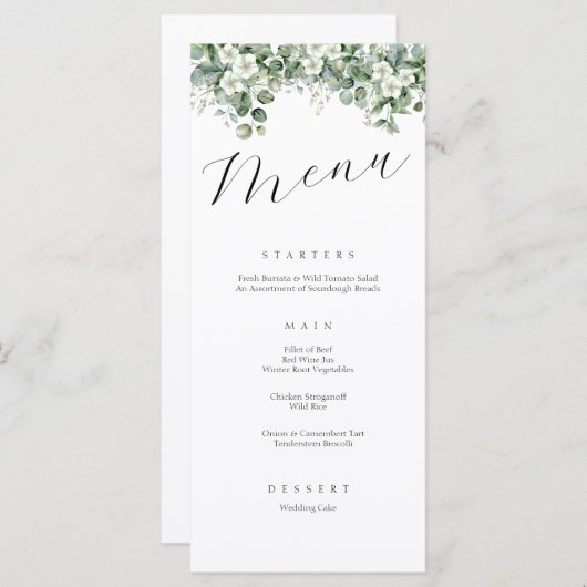 Elegante kalligrafie groen bloemenbruiloft menu (Voorkant / Achterkant)