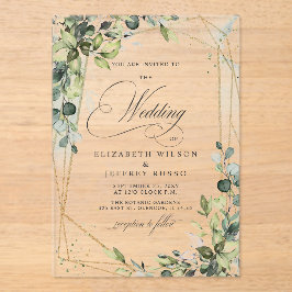 Elegante kalligrafie groen eucalyptus bruiloft acryl uitnodigingen