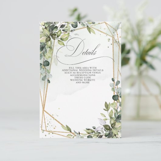 Elegante kalligrafie groen eucalyptus bruiloft informatiekaartje (Staand voorkant)