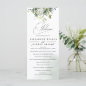 Elegante kalligrafie groen eucalyptus bruiloft programmakaart (Staand voorkant)