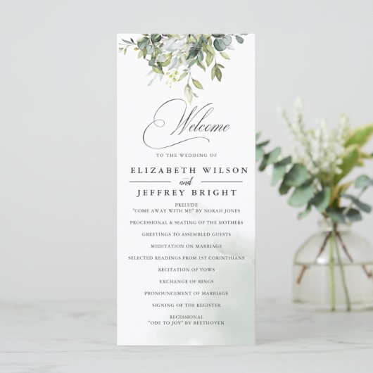 Elegante kalligrafie groen eucalyptus bruiloft programmakaart (Staand voorkant)