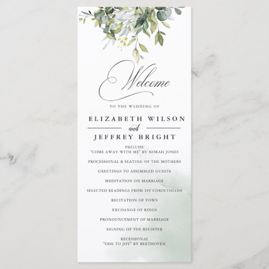 Elegante kalligrafie groen eucalyptus bruiloft programmakaart (Voorkant)