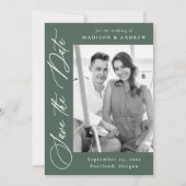 Elegante Kalligrafie Groene Foto QR Code Huwelijk Save The Date (Voorkant)