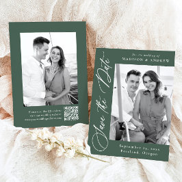 Elegante kalligrafie groene foto QR-code trouwdag Save The Date