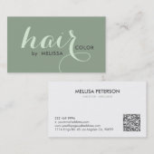 Elegante kalligrafie haarkleur op salie groen visitekaartje (Voorkant / Achterkant)
