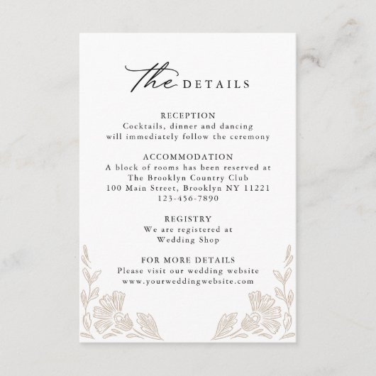 Elegante kalligrafie Hand getrokken Bloemen Huweli Informatiekaartje (Voorkant)