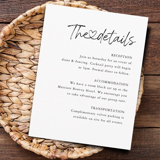 Elegante kalligrafie hart bruiloft details informatiekaartje