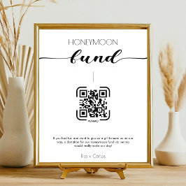 Elegante Kalligrafie Honeymoon Fonds QR Code Bruil Reclamebord Met Voetstuk