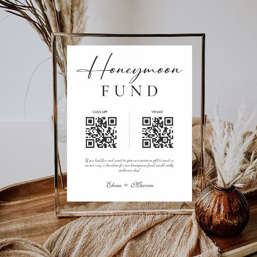 Elegante Kalligrafie Honeymoon Fonds QR Code Bruil Reclamebord Met Voetstuk
