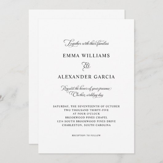 Elegante Kalligrafie Huwelijk Formeel Zwart & Wit Kaart (Voorkant / Achterkant)