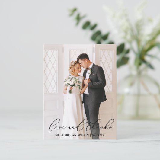 Elegante kalligrafie Huwelijksfoto Liefde Dank Briefkaart (Staand voorkant)