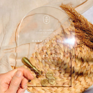 Elegante kalligrafie initialen witte boog bruiloft acryl uitnodigingen