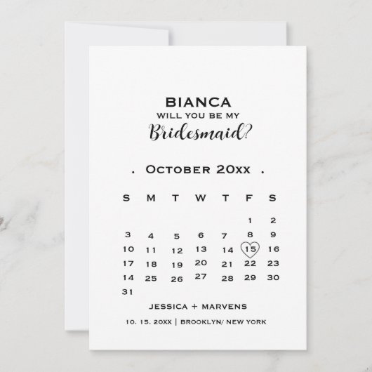 Elegante kalligrafie kalender bruidsmeisje voorste kaart (Voorkant)