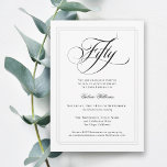 Elegante kalligrafie klassiek 50e verjaardagsfeest kaart<br><div class="desc">Plan een elegante 50ste verjaardag met deze klassieke witte feestuitnodiging met een prachtig kalligrafiescript dat "Fifty" in formele stijl spelt. Deze smaakvolle genderneutrale uitnodiging heeft een dubbel gevoerd lijst in subtiel zilvergrijs rondom jouw tekst. Personaliseer de eenvoudig te gebruiken sjabloon met uw evenementgegevens. Voor uw gemak kan deze uitnodiging worden...</div>
