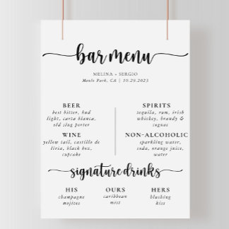 Elegante kalligrafie klassieke bruiloft bar menu poster