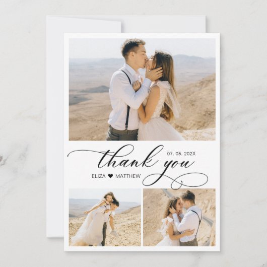 Elegante kalligrafie klassieke foto collage bruilo bedankkaart (Voorkant)