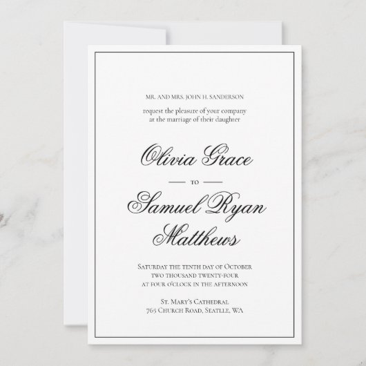 Elegante kalligrafie klassieke rand witte bruiloft kaart (Voorkant)