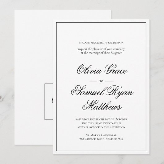 Elegante kalligrafie klassieke rand witte bruiloft kaart (Voorkant / Achterkant)