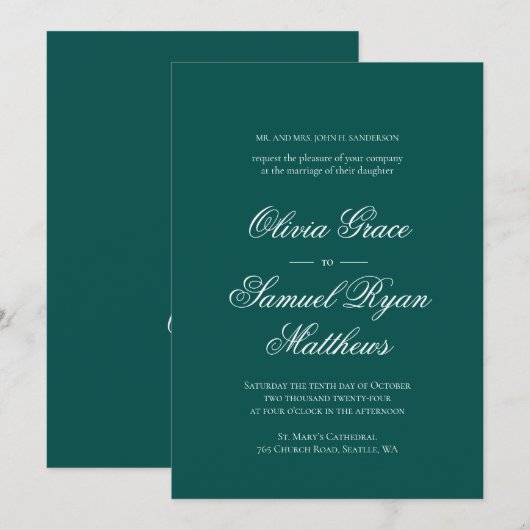 Elegante kalligrafie klassieke smaragd bruiloft kaart (Voorkant / Achterkant)