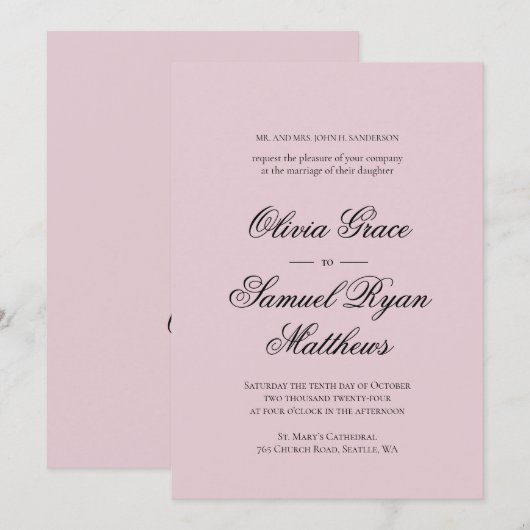 Elegante kalligrafie klassieke stoffige roze bruil kaart (Voorkant / Achterkant)