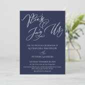 Elegante kalligrafie "Kom bij ons" marineblauwe br Kaart (Staand voorkant)