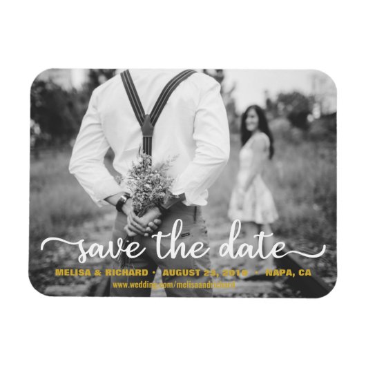 Elegante kalligrafie koppel foto save the date magneet (Horizontaal)