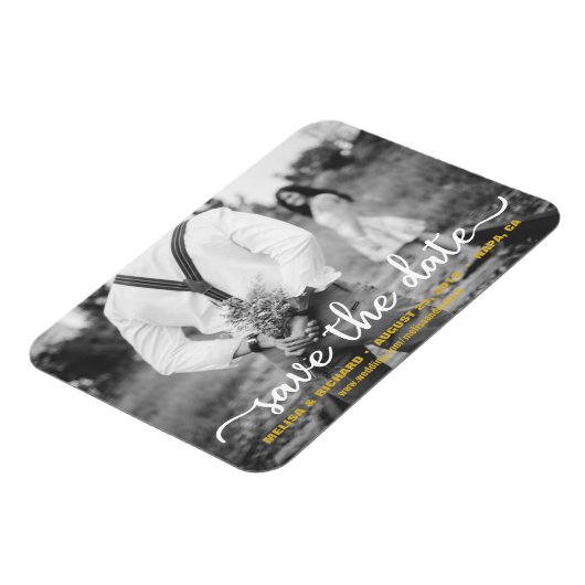 Elegante kalligrafie koppel foto save the date magneet (Linkerzijde)