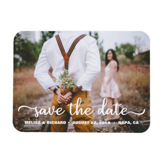 Elegante kalligrafie koppel foto save the date magneet (Horizontaal)