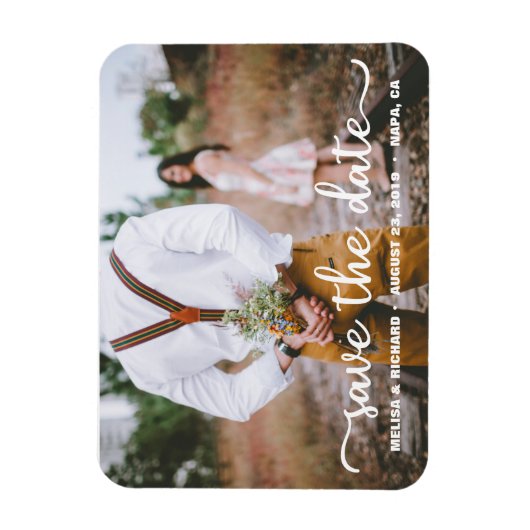 Elegante kalligrafie koppel foto save the date magneet (Verticaal)