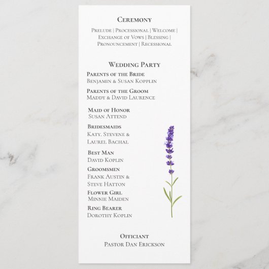 Elegante kalligrafie Lavendel bloem bruiloft Programmakaart (Achterkant)