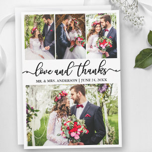 Elegante kalligrafie liefde dank 4 foto bruiloft bedankkaart
