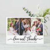 Elegante kalligrafie Liefde Dank Huwelijk 3 Foto Bedankkaart (Staand voorkant)