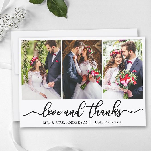 Elegante kalligrafie Liefde Dank Huwelijk 3 Foto Bedankkaart