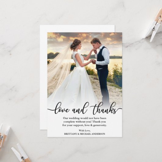 Elegante kalligrafie Liefde en Bedankt Trouwfoto Kaart (Voorkant / Achterkant in situ)