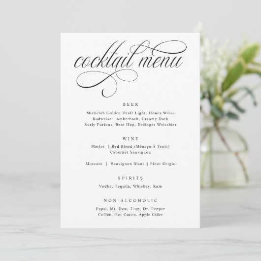 Elegante kalligrafie Luxe bruiloft cocktail menu (Staand voorkant)