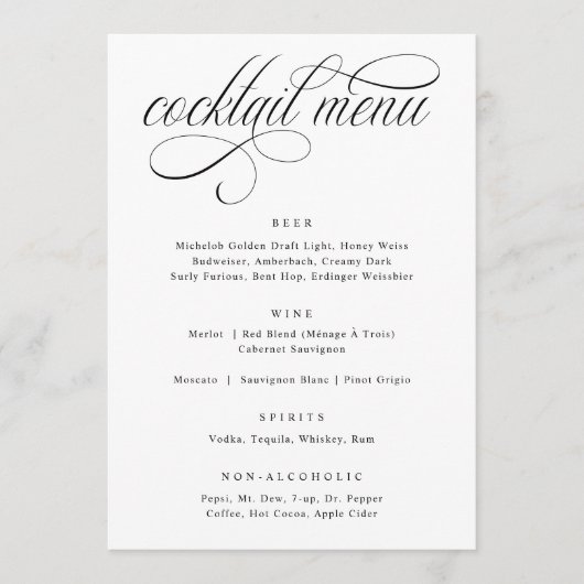 Elegante kalligrafie Luxe bruiloft cocktail menu (Voorkant)