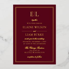 Elegante kalligrafie luxe burgundy gouden trouw-U Folie Uitnodiging