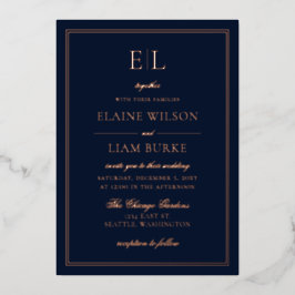 Elegante kalligrafie luxe navy roze gouden trouw   folie uitnodiging