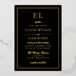 Elegante kalligrafie luxe zwart goud bruiloft foli folie uitnodiging